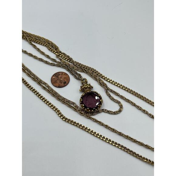 Goldette‎ Vintage Purple Glass Intaglio Cameo Silhouette 3 Strand Chain Necklace - Picture 13 of 16